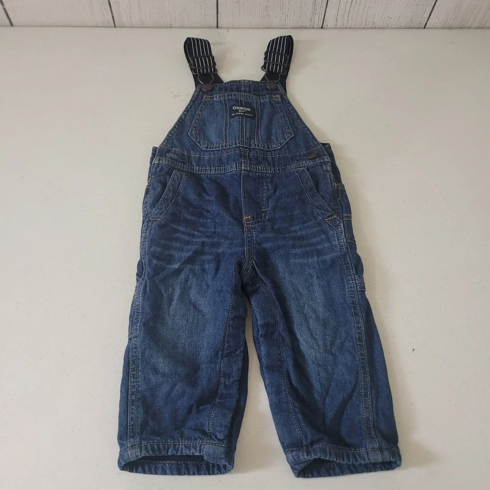 OshKosh Size 12M Overalls Baby Boy Lined Denim Vestbak Blue Snap Leg